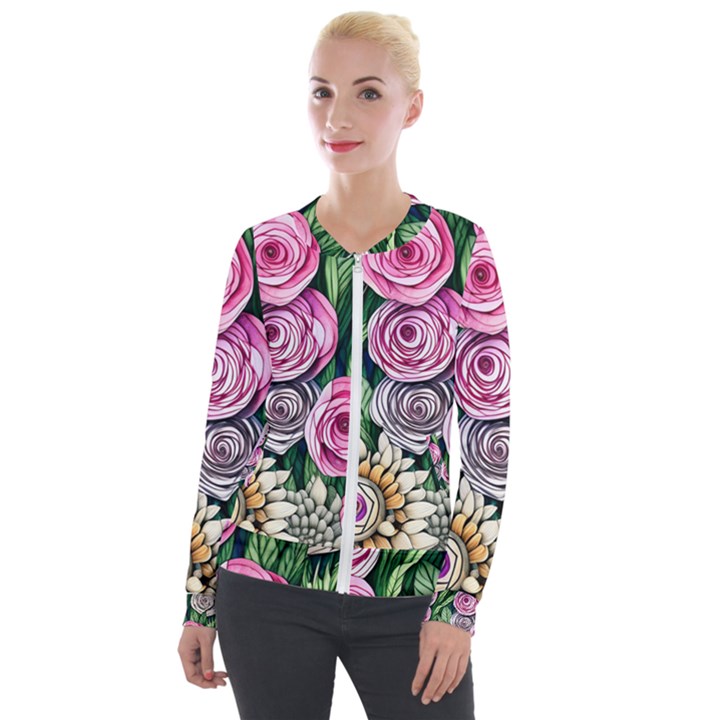 Breathtaking Bright Brilliant Watercolor Flowers Velvet Zip Up Jacket