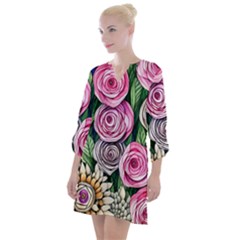 Breathtaking Bright Brilliant Watercolor Flowers Open Neck Shift Dress by GardenOfOphir