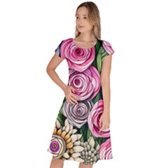 Breathtaking Bright Brilliant Watercolor Flowers Classic Short Sleeve Dress by GardenOfOphir