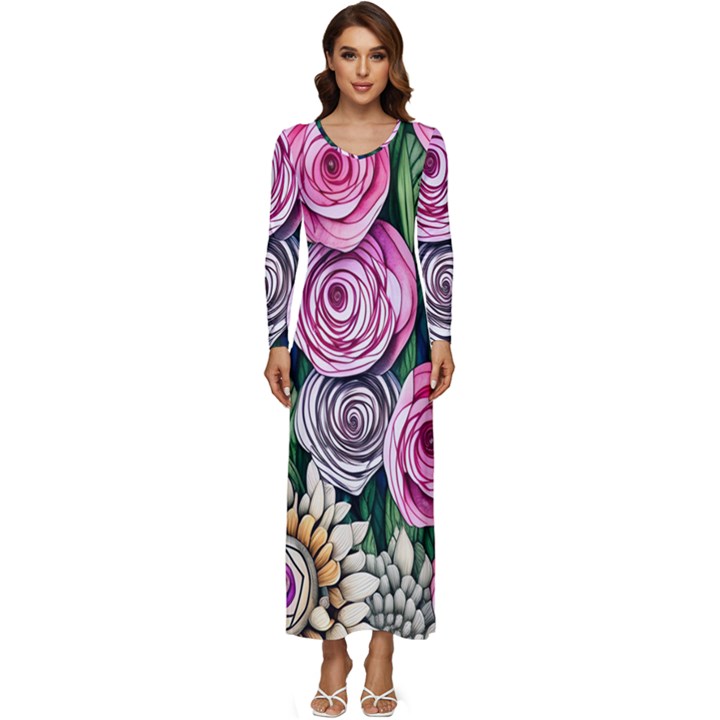 Breathtaking Bright Brilliant Watercolor Flowers Long Sleeve Longline Maxi Dress