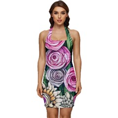 Breathtaking Bright Brilliant Watercolor Flowers Sleeveless Wide Square Neckline Ruched Bodycon Dress