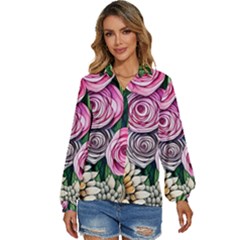 Breathtaking Bright Brilliant Watercolor Flowers Women s Long Sleeve Button Down Shirt