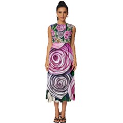 Breathtaking Bright Brilliant Watercolor Flowers Sleeveless Round Neck Midi Dress by GardenOfOphir