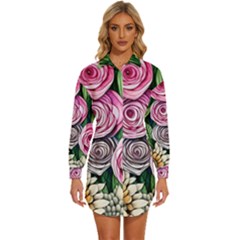 Breathtaking Bright Brilliant Watercolor Flowers Womens Long Sleeve Shirt Dress