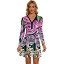 Breathtaking Bright Brilliant Watercolor Flowers Long Sleeve Deep V Mini Dress  View1