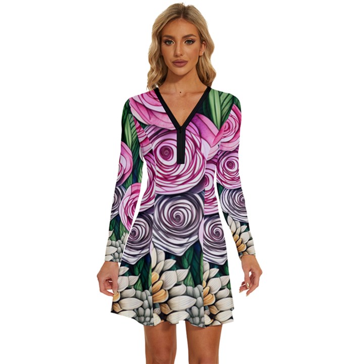 Breathtaking Bright Brilliant Watercolor Flowers Long Sleeve Deep V Mini Dress 