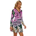 Breathtaking Bright Brilliant Watercolor Flowers Long Sleeve Deep V Mini Dress  View3