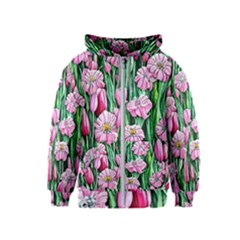 Blushing Bold Botanical Watercolor Flowers Kids  Zipper Hoodie by GardenOfOphir