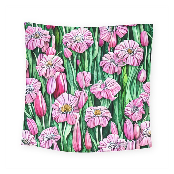 Blushing Bold Botanical Watercolor Flowers Square Tapestry (Small)