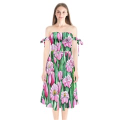 Blushing Bold Botanical Watercolor Flowers Shoulder Tie Bardot Midi Dress by GardenOfOphir