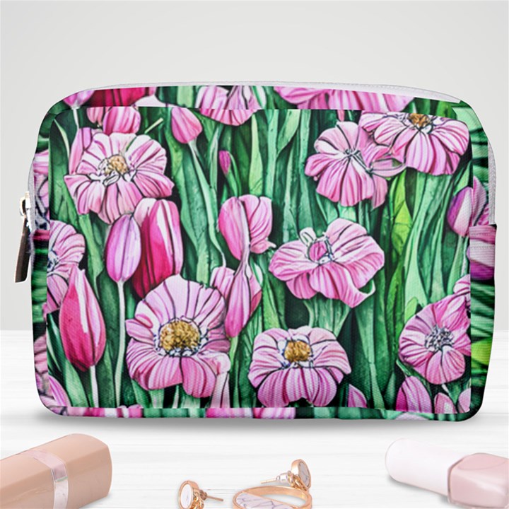 Blushing Bold Botanical Watercolor Flowers Make Up Pouch (Medium)