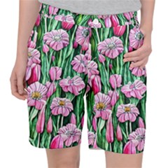 Blushing Bold Botanical Watercolor Flowers Pocket Shorts by GardenOfOphir