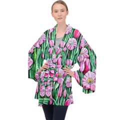 Blushing Bold Botanical Watercolor Flowers Long Sleeve Velvet Kimono  by GardenOfOphir