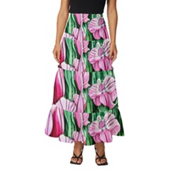 Blushing Bold Botanical Watercolor Flowers Tiered Ruffle Maxi Skirt