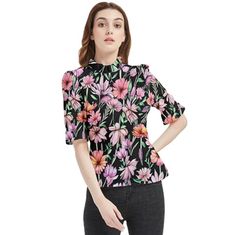 Clustered Watercolor Flowers Frill Neck Blouse by GardenOfOphir