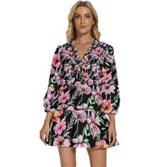 Clustered Watercolor Flowers V-neck Placket Mini Dress by GardenOfOphir