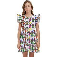 Stickman Kids Doodle Paper Children Group Kids  Winged Sleeve Dress by Ravend