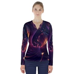 Ai Generated Swirls Space Design Fractal Light 3d Art Pattern V-neck Long Sleeve Top by Ravend