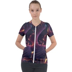 Ai Generated Swirls Space Design Fractal Light 3d Art Pattern Short Sleeve Zip Up Jacket by Ravend