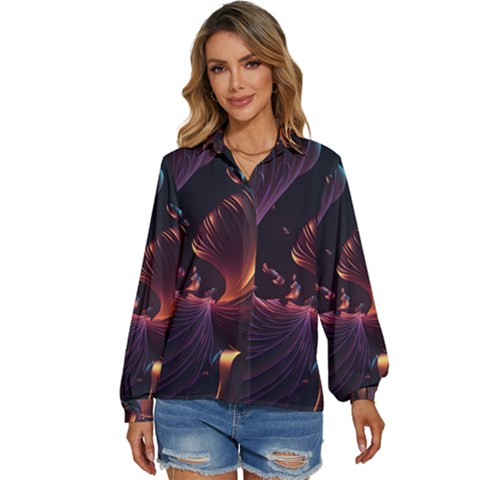 Ai Generated Swirls Space Design Fractal Light 3d Art Pattern Women s Long Sleeve Button Down Shirt by Ravend