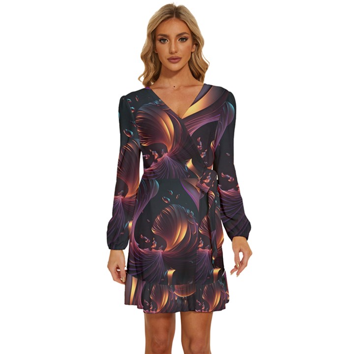 Ai Generated Swirls Space Design Fractal Light 3d Art Pattern Long Sleeve Waist Tie Ruffle Velvet Dress