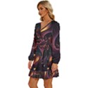 Ai Generated Swirls Space Design Fractal Light 3d Art Pattern Long Sleeve Waist Tie Ruffle Velvet Dress View2