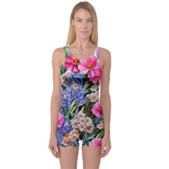 Bountiful Watercolor Flowers One Piece Boyleg Swimsuit by GardenOfOphir