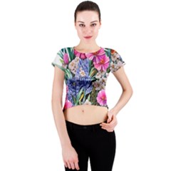 Bountiful Watercolor Flowers Crew Neck Crop Top by GardenOfOphir