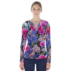 Bountiful Watercolor Flowers V-neck Long Sleeve Top by GardenOfOphir