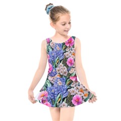 Bountiful Watercolor Flowers Kids  Skater Dress Swimsuit by GardenOfOphir