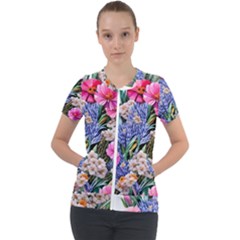 Bountiful Watercolor Flowers Short Sleeve Zip Up Jacket by GardenOfOphir