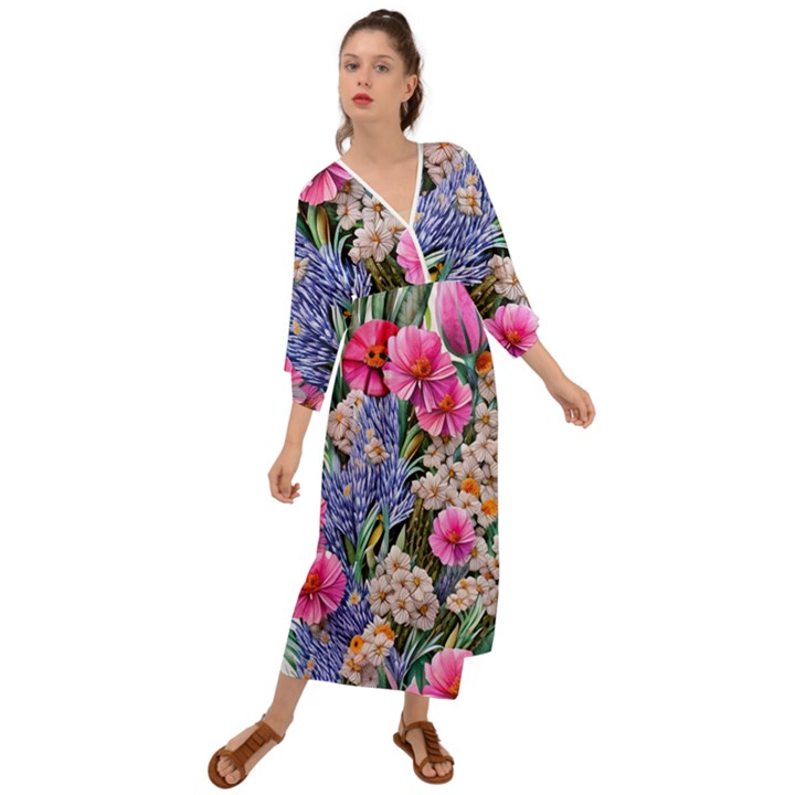 Bountiful Watercolor Flowers Grecian Style  Maxi Dress