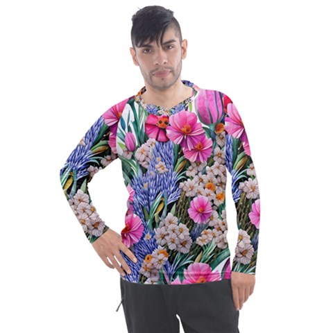 Bountiful Watercolor Flowers Men s Pique Long Sleeve Tee by GardenOfOphir