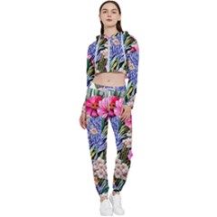 Bountiful Watercolor Flowers Cropped Zip Up Lounge Set by GardenOfOphir