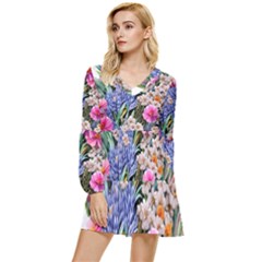 Bountiful Watercolor Flowers Tiered Long Sleeve Mini Dress by GardenOfOphir