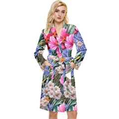 Bountiful Watercolor Flowers Long Sleeve Velvet Robe by GardenOfOphir