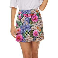 Bountiful Watercolor Flowers Mini Front Wrap Skirt by GardenOfOphir