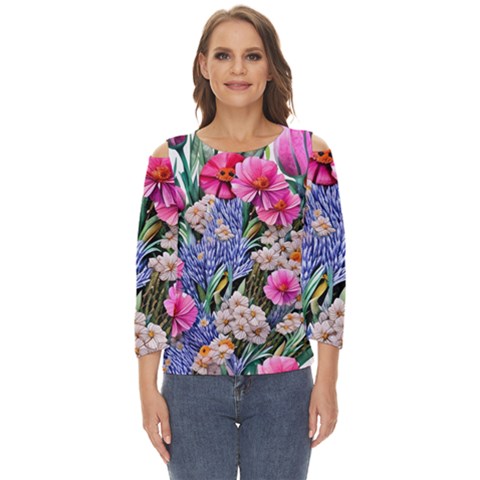 Bountiful Watercolor Flowers Cut Out Wide Sleeve Top by GardenOfOphir