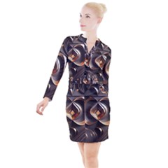 Ai Generated Swirls Space Design Fractal Light 3d Pattern Button Long Sleeve Dress by Ravend