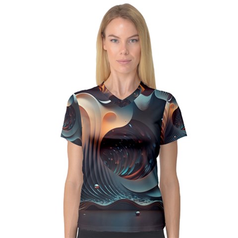 Ai Generated Space Design Fractal Light Motion V-neck Sport Mesh Tee by Ravend