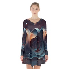 Ai Generated Space Design Fractal Light Motion Long Sleeve Velvet V-neck Dress