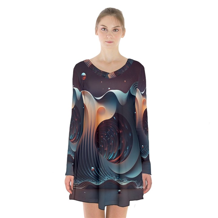 Ai Generated Space Design Fractal Light Motion Long Sleeve Velvet V-neck Dress