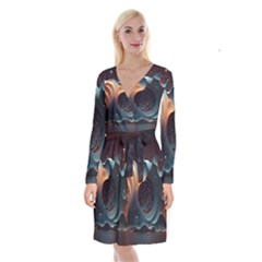 Ai Generated Space Design Fractal Light Motion Long Sleeve Velvet Front Wrap Dress by Ravend