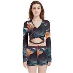 Ai Generated Space Design Fractal Light Motion Velvet Wrap Crop Top And Shorts Set