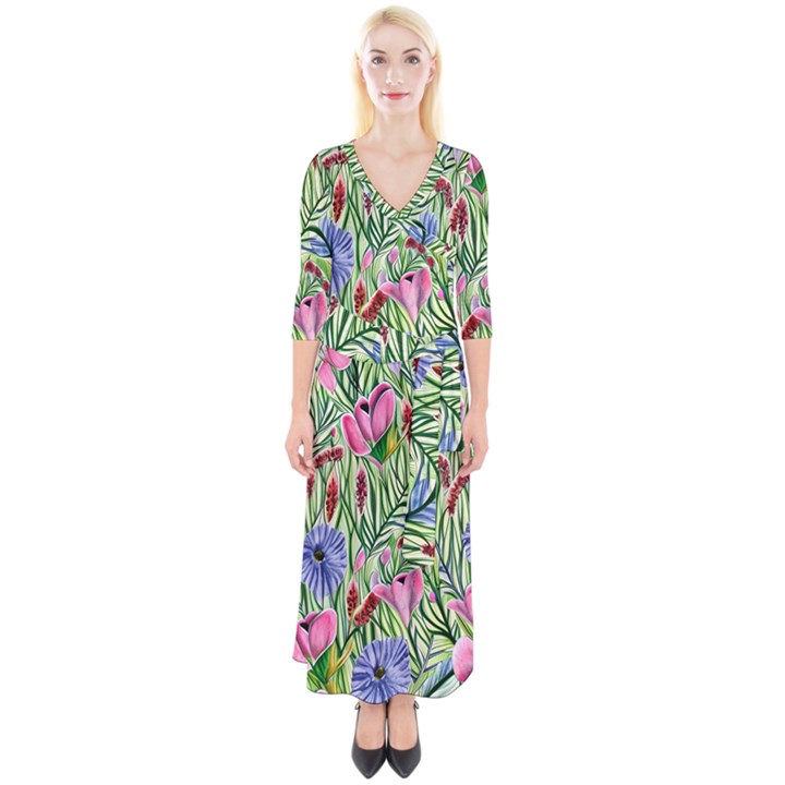 Celestial Watercolor Flower Quarter Sleeve Wrap Maxi Dress