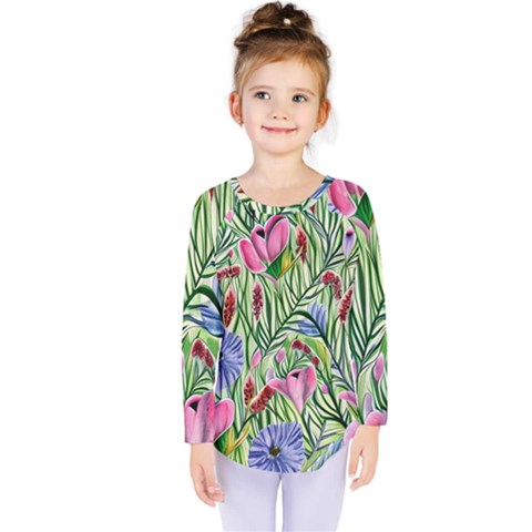 Celestial Watercolor Flower Kids  Long Sleeve Tee by GardenOfOphir