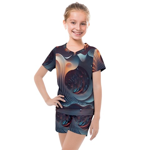 Ai Generated Space Design Fractal Light Motion Kids  Mesh Tee And Shorts Set by Ravend