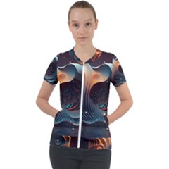 Ai Generated Space Design Fractal Light Motion Short Sleeve Zip Up Jacket by Ravend