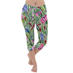 Celestial Watercolor Flower Lightweight Velour Capri Yoga Leggings by GardenOfOphir