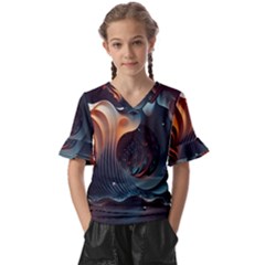 Ai Generated Space Design Fractal Light Motion Kids  V-neck Horn Sleeve Blouse by Ravend